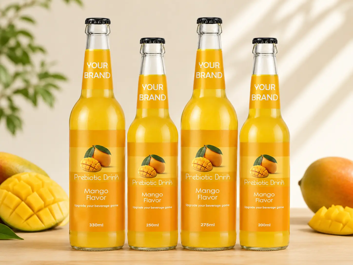 PREBIOTIC DRINK Mango Flavor 330ml, 250ml, 275ml and 200ml glass bottles.